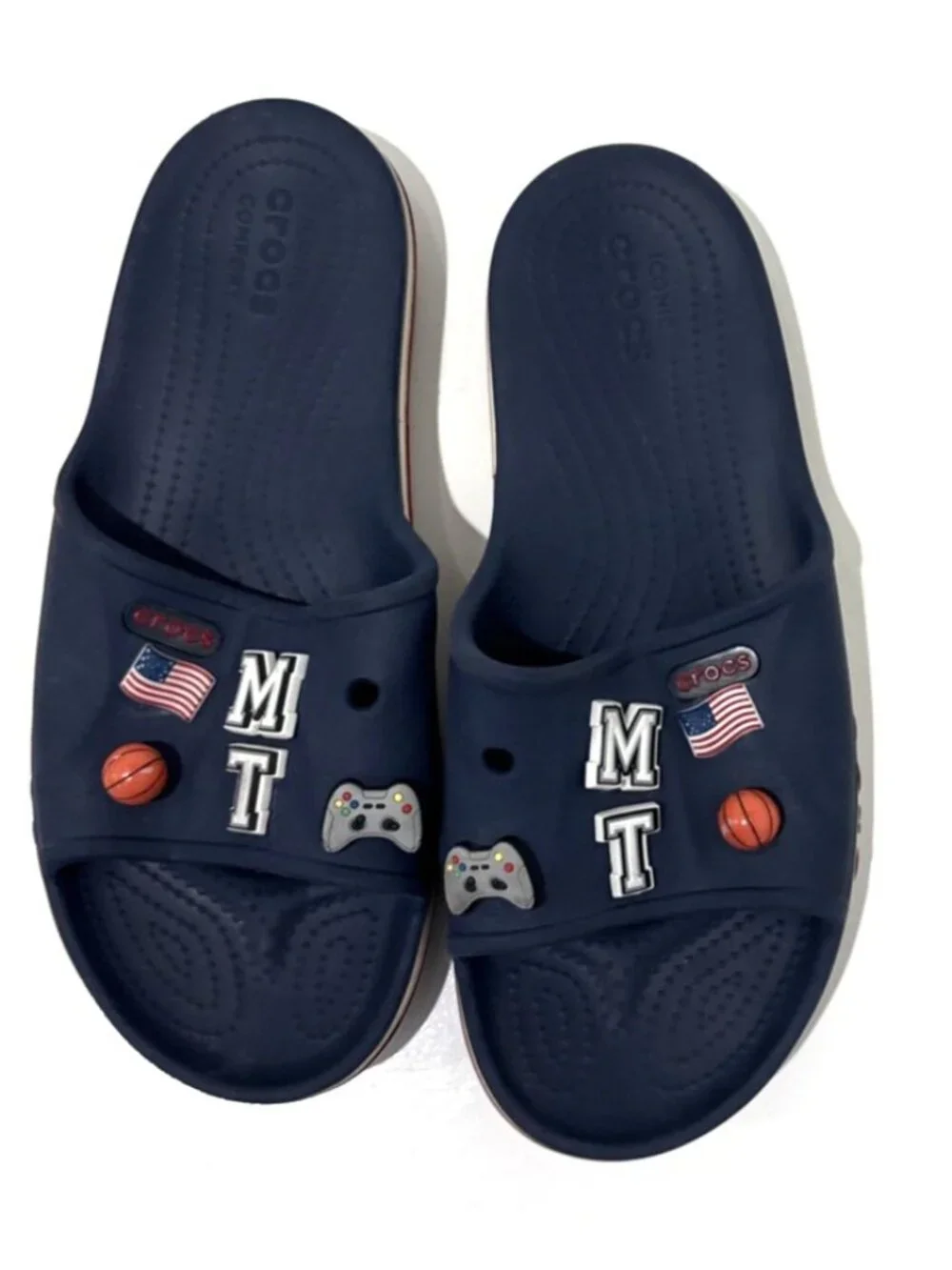 Crocs Blue Bayaband Sandals Slides Flip Flop Jibbitz Mens 10 Womens 12